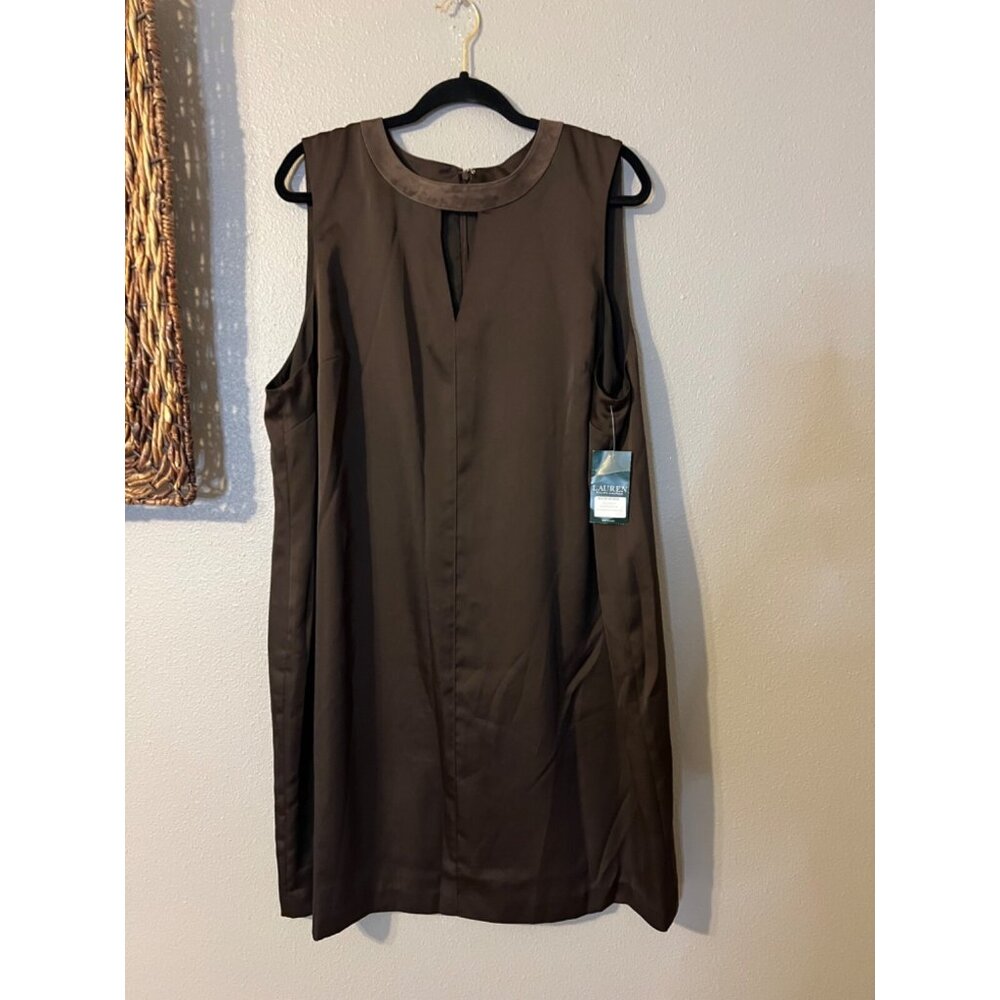 Ralph Lauren Dress 18W 18 W Brown Silky Suede Trim Sheath Career Party NWT - Picture 2 of 11